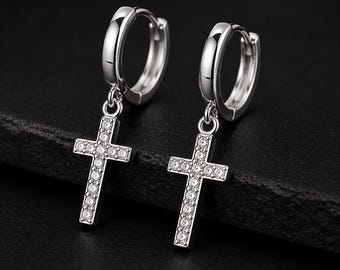 Pendientes de aro con cruz de circonita cúbica, pendientes colgantes de cruz de plata de ley, chapados en oro blanco, tamaño personalizado disponible, joyería minimalista de circonita cúbica.