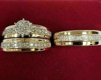 Conjunto de tres anillos de boda con diamantes de laboratorio: Plata de ley bañada en oro amarillo de 14 quilates