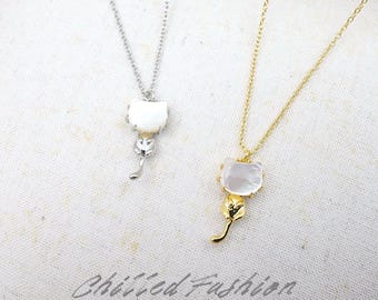 Mother of Pearl Cat Necklace - Gold Plated Pendant - Cute Kitten Charm - Cat Lover Gift - Minimalist Animal Jewelry