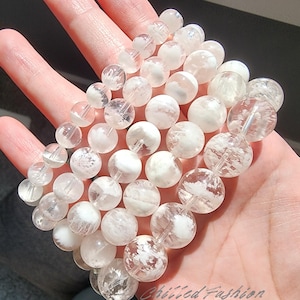 Bracelet en quartz fantôme flocon de neige - Fantôme blanc - Cristal de quartz fantôme - Pierre naturelle transparente avec inclusions - Chakra de la couronne