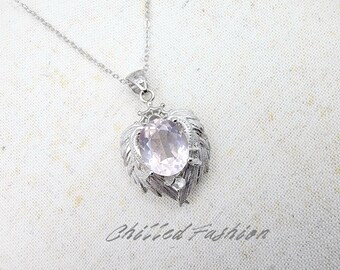 Rose Quartz Angel Wing Necklace - Sterling Silver Pendant - Natural Pink Gemstone - Love Symbol Jewelry - Romantic Gift for Her