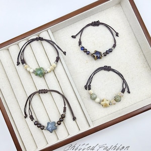 Ceramic Star Bead Bracelet - Adjustable Cord Celestial Jewelry - Boho Glazed Star Charm - Handmade Friendship String Bracelet