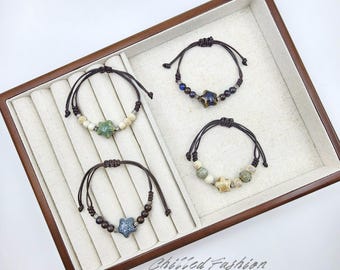 Ceramic Star Bead Bracelet - Adjustable Cord Celestial Jewelry - Boho Glazed Star Charm - Handmade Friendship String Bracelet