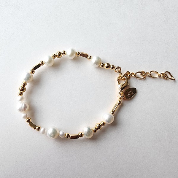 Freshwater Pearl and Gold-Plated Brass Bracelet with Round and Cuboid Metal Beads| Freshwater Pearl| Stackable Bracelet| Everyday Wear| Gift