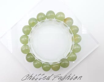 12mm Green Aquamarine Bracelet - Natural Beryl - Green Grape Color - March Birthstone - Natural Pastel Green Crystal - Calming