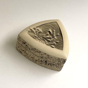 Puede incluir: Una caja de cerámica triangular con una tapa texturizada que presenta un diseño en relieve de una rama de árbol. La caja es beige con acentos marrones y tiene un acabado moteado.