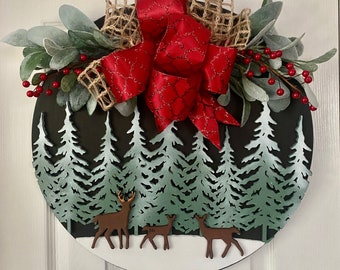 Deer in forest door hanger, Door Hanger, welcome sign, wood door sign, deer, forest, front door decor, holiday, seasonal