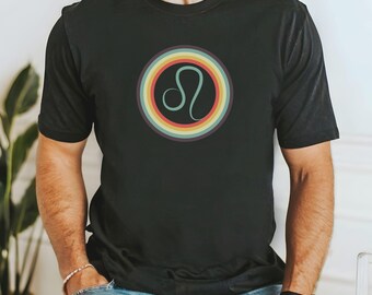 Mannen Leeuw regenboog zwart sterrenbeeld T-shirt mannelijk cadeau sterrenbeeld vintage retro cirkel astrologie shirt nostalgische dierenriem vader verjaardag T-shirt man T-shirt