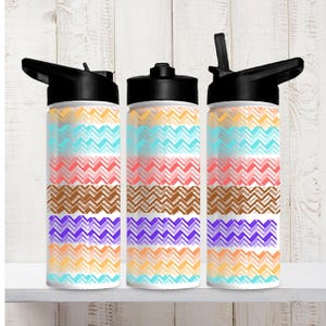 May include: Three water bottles with black lids and colorful chevron patterns. The patterns include horizontal stripes of turquoise, coral, brown, purple, and yellow. The bottles are white and sit on a white shelf.