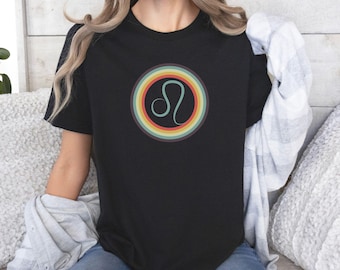 Leeuw regenboog zwart sterrenbeeld T-shirt voor vrouwen mannen cadeau sterrenbeeld vintage retro cirkel astrologie shirt nostalgische dierenriem T-shirt