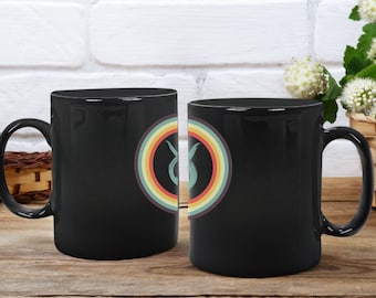Taureau arc-en-ciel noir 11 oz tasse à café en céramique zodiaque femmes hommes cadeau d'anniversaire signe astrologique vintage rétro cercle astrologie tasse nostalgique