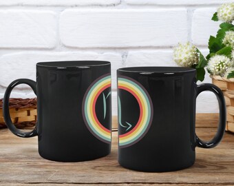 Scorpion arc-en-ciel noir 11 oz tasse à café en céramique zodiaque femmes hommes cadeau d'anniversaire signe astrologique vintage rétro cercle astrologie tasse nostalgique