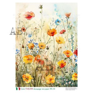 May include: Watercolour painting of a field of wildflowers in shades of yellow, orange, and red. The flowers are painted in a loose, impressionistic style, with soft edges and delicate details. The background is a soft, muted yellow.