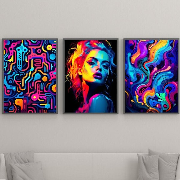 Neon Pop Abstract Art Set of 3, Large Wall Abstract Art, Trendy Wall Art Poster Prints, Vibrant and Contemporary Wall Prints. Digital Prints