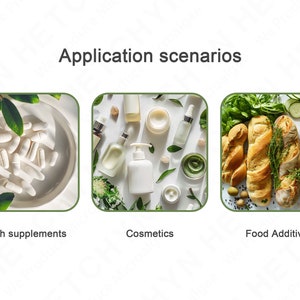 Puede incluir: Tres im&aacute;genes que muestran diferentes aplicaciones para un producto. La primera imagen muestra c&aacute;psulas blancas en un taz&oacute;n con hojas verdes. La segunda imagen muestra una variedad de botellas y frascos blancos con hojas verdes. La tercera imagen muestra una variedad de panes, pepinos y tomates. El texto debajo de las im&aacute;genes dice "Suplementos alimenticios", "Cosm&eacute;ticos" y "Aditivos alimentarios".