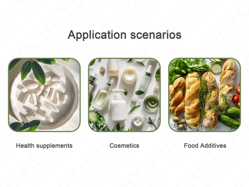 Puede incluir: Tres im&aacute;genes que muestran diferentes aplicaciones para un producto. La primera imagen muestra c&aacute;psulas blancas en un taz&oacute;n con hojas verdes. La segunda imagen muestra una variedad de botellas y frascos blancos con hojas verdes. La tercera imagen muestra una variedad de panes, pepinos y tomates. El texto debajo de las im&aacute;genes dice "Suplementos alimenticios", "Cosm&eacute;ticos" y "Aditivos alimentarios".