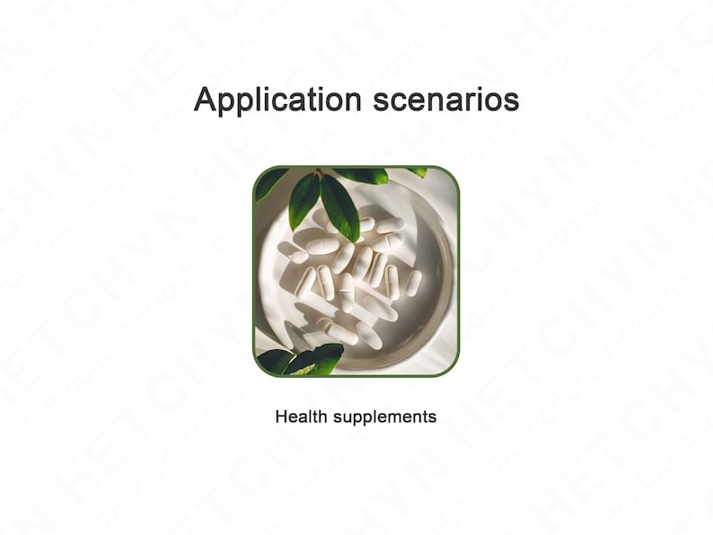 May include: Image featuring white health supplement pills arranged on a white plate with green leaves. The text "Application scenarios" is at the top, and "Health supplements" is at the bottom.