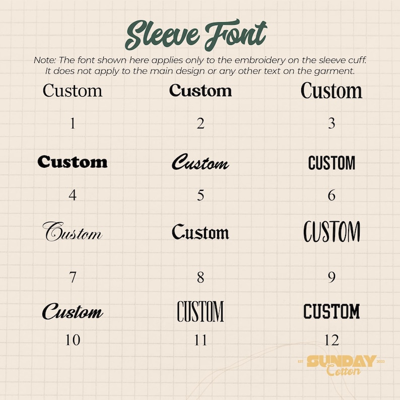 May include: A grid-style chart titled Sleeve Font displaying twelve distinct black typography options for embroidery. Each style is numbered one through twelve, with the word Custom written in various serif, sans-serif, and script fonts.