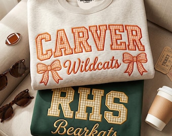 Custom Mascot Applique Sweatshirt, Personalized Game Day Crewneck, Varsity Letter Gingham Shirt, School Spirit Team Pullover