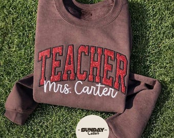 Custom Teacher Glitter Embroidered Sweatshirt, Personalized School Name Crewneck, Varsity Teacher Shirt, Teacher Gift