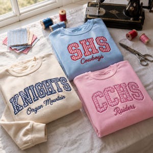 Embroidered Custom Varsity Letter Sweatshirt, College Patchwork Crewneck, University Gingham Applique Tee, Game Day Outfit