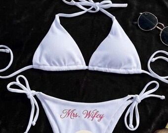 Custom Bridal Bikini, Personalized Embroidered Bride Swimsuit, Bachelorette Outfit, Honeymoon Gift for Bride, Custom Name Swimwear
