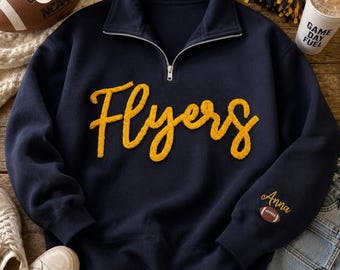 Custom Team Quarter Zip Sweatshirt, Yarn Embroidered Game Day Pullover, Personalized Sports Mom Shirt, Team Name Football Gift