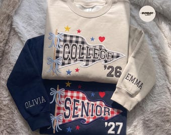 Embroidered Custom Varsity Sweatshirt, Personalized Pennant Flag Crewneck, Gingham Applique School Spirit Shirt, College Gift