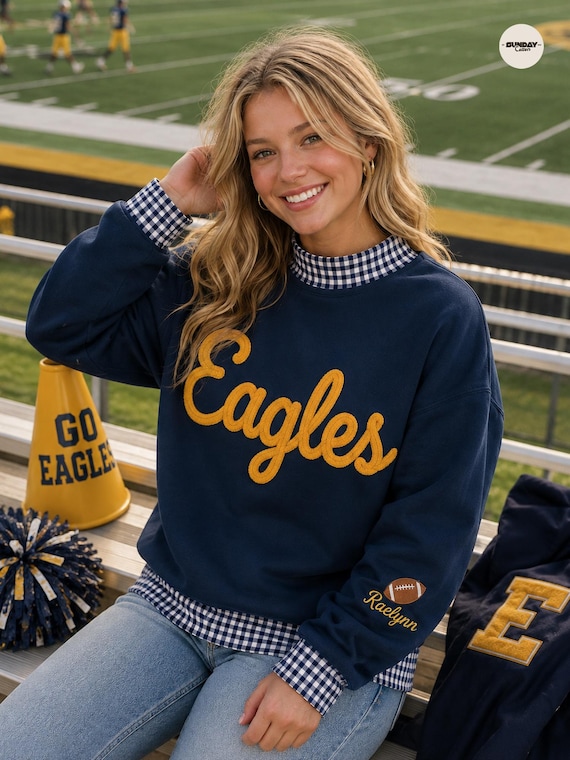 Gingham Mockneck Sweatshirt, Chenille Team Sweatshirt, Game Day Football Crewneck, Custom Team Name, Personalized Sleeve