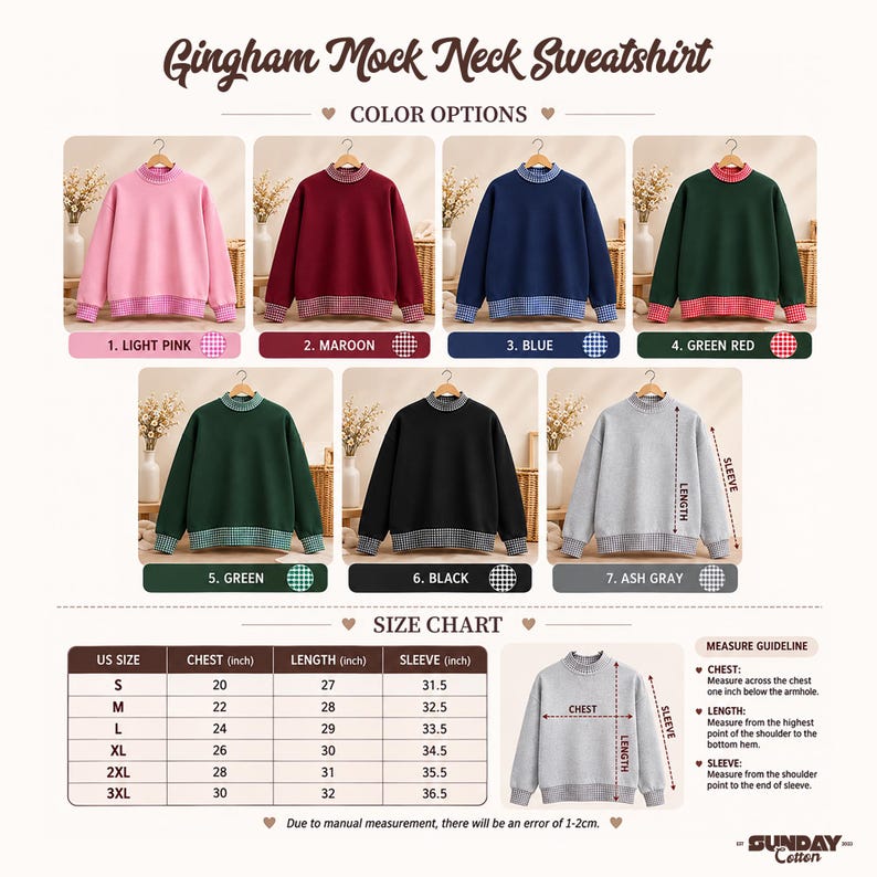 May include: Gingham Mock Neck Sweatshirt available in seven color options: light pink, maroon, blue, green-red, green, black, and ash gray. Each sweatshirt features a gingham pattern on the mock neck and cuffs. Includes a size chart with US inch measurements.