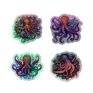 Holographic Trippy Cartoon Octopi Sticker Set