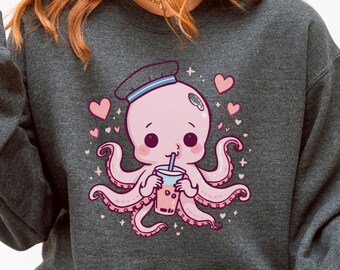 Sudadera Kawaii de Algodón de Azúcar con Té de Burbujas, Camiseta Japonesa de Pulpo, Gyotaku Japón Tokio, Para Amantes de la Comida, Suéter de Té de Burbujas, Día de San Valentín