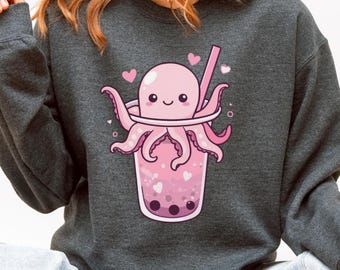 Sudadera kawaii de té de burbujas, camiseta japonesa de pulpo, suéter con ilustración Gyotaku de Japón, gráfico de algodón de azúcar para el Día de San Valentín