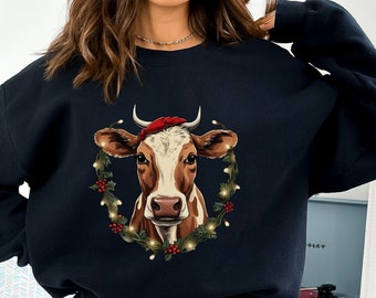 Suéter navideño de vaca, Sudadera navideña vintage, Camiseta de vaca, Camiseta navideña para amantes de los animales, Sudadera navideña de cuello redondo, Sudadera navideña, Camiseta navideña