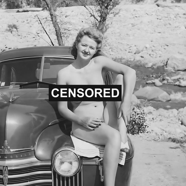1950's amateur nude wife sat on car bonnet , Downloadable, Remastered, Black and white photograph