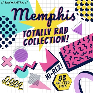May include: A digital graphic design collection titled // RAYMANTRA // Memphis TOTALLY RAD COLLECTION! featuring vibrant geometric shapes, squiggles, and patterns in pink, yellow, teal, and purple on a white grid background with 83 PNG/SVG files.