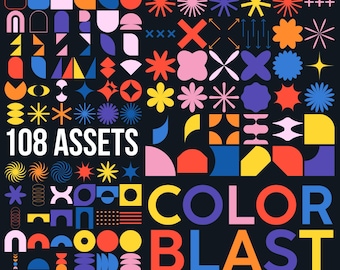 May include: A digital graphic design asset pack with 108 geometric shapes in various colors, including red, yellow, blue, and pink, on a black background. Text includes "COLOR BLAST" and "BOLD GEOMETRIC BRUTALIST BAUHAUS SWISS DESIGN."