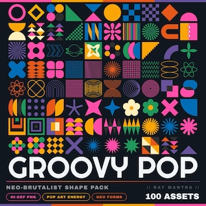 May include: A collection of colorful geometric shapes in various sizes and designs, including circles, squares, and stars, against a black background. The text "GROOVY POP" is displayed in large white letters, with additional text below indicating a neo-brutalist shape pack with 100 assets.