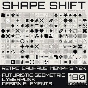 May include: A digital asset graphic with 180 geometric design elements in a grid. The design elements include stars, spirals, and other shapes. The text reads "SHAPE SHIFT" and "RETRO BAUHAUS MEMPHIS Y2K FUTURISTIC GEOMETRIC CYBERPUNK DESIGN ELEMENTS".