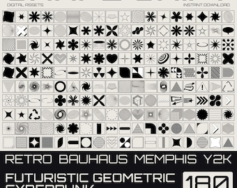 May include: A digital asset graphic featuring 180 geometric design elements in a grid. The design elements include stars, spirals, and other shapes. The text reads "SHAPE SHIFT" and "RETRO BAUHAUS MEMPHIS Y2K FUTURISTIC GEOMETRIC CYBERPUNK DESIGN ELEMENTS".