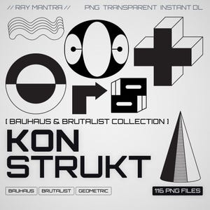 Peut inclure: Une collection de formes et de motifs géométriques noirs et blancs, comprenant des cercles, des flèches et une croix. Le texte comprend "KONSTRUKT", "BAUHAUS & BRUTALIST COLLECTION" et "116 PNG FILES". Le style est minimaliste et moderne.