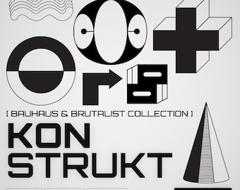 May include: A collection of black and white geometric shapes and designs, including circles, arrows, and a cross. The text includes "KONSTRUKT", "BAUHAUS & BRUTALIST COLLECTION", and "116 PNG FILES". The style is minimalist and modern.