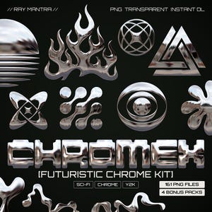 Futuristic Chrome Typeface PNG Pack · Sci-Fi Letters Numbers Symbols Y2K shapes Flame Elements