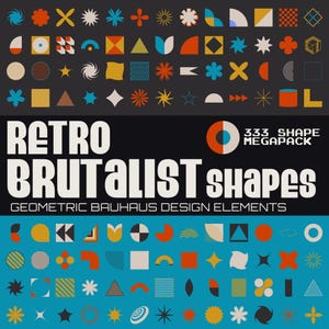 May include: A collection of geometric shapes in various colors, including orange, blue, yellow, and black. The image features the text "RETRO BRUTALIST SHAPES" and "333 SHAPE MEGAPACK" with the words "GEOMETRIC BAUHAUS DESIGN ELEMENTS" below.