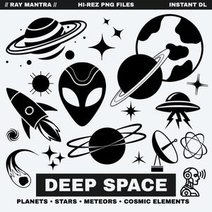 May include: Black and white digital illustrations of space-themed elements, including planets with rings, stars, a rocket, an alien head, a UFO, and the text "DEEP SPACE". The image also includes the text "PLANETS • STARS • METEORS • COSMIC ELEMENTS".