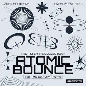 May include: A selection of black retro graphic elements, such as starbursts and orbital shapes, against a light grey background. The text "ATOMIC BOUNCE" is featured, with "Y2K", "MID-CENTURY", and "RETRO" below. The image also includes the text "PREMIUM PNG FILES".