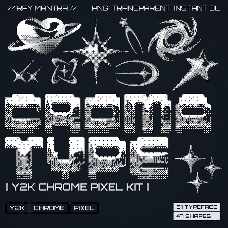 Y2K Chrome Pixel Typeface & Abstract Shapes Clip Art (digital Download ...