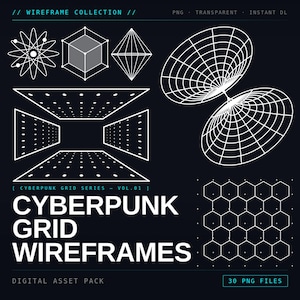 May include: A digital asset pack featuring white wireframe designs on a black background. The image includes geometric shapes, a perspective grid, and the text "CYBERPUNK GRID WIREFRAMES". The pack contains 30 PNG files.