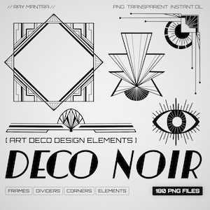 Può includere: Elementi di design Art Déco in bianco e nero. L'immagine presenta cornici, divisori, angoli e altre forme geometriche. Il testo "DECO NOIR" e "180 PNG FILES" sono ben visibili.