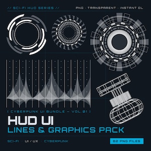 May include: A digital graphic pack with a dark blue background featuring white and gray sci-fi HUD UI elements. Includes circular designs, a waveform graph, and a wireframe graphic. Text reads "HUD UI LINES & GRAPHICS PACK" and "82 PNG FILES".
